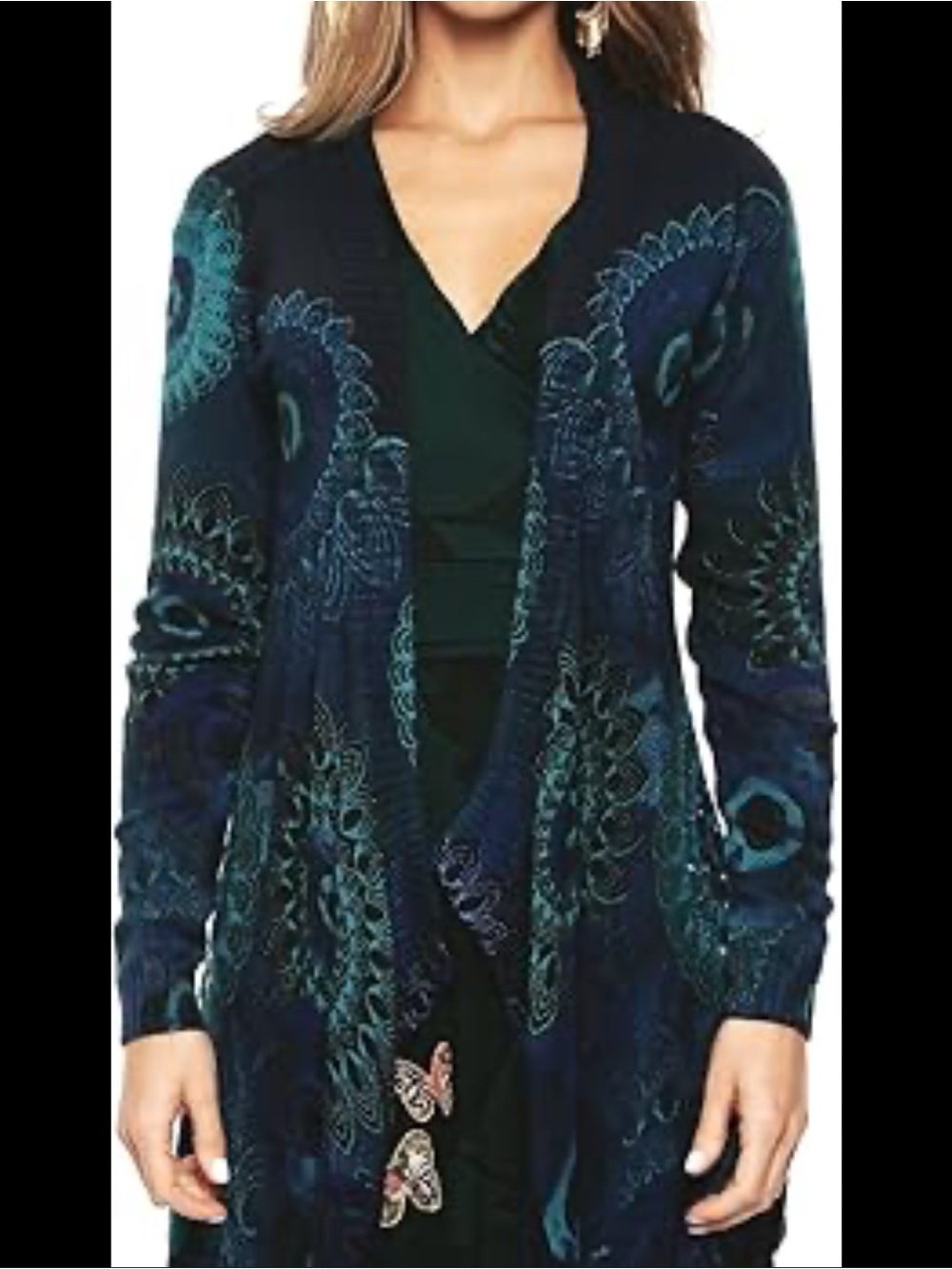 Desigual Marioti Women Open Cardigan Knit Blue Floral Long Sleeves Size XS Spain